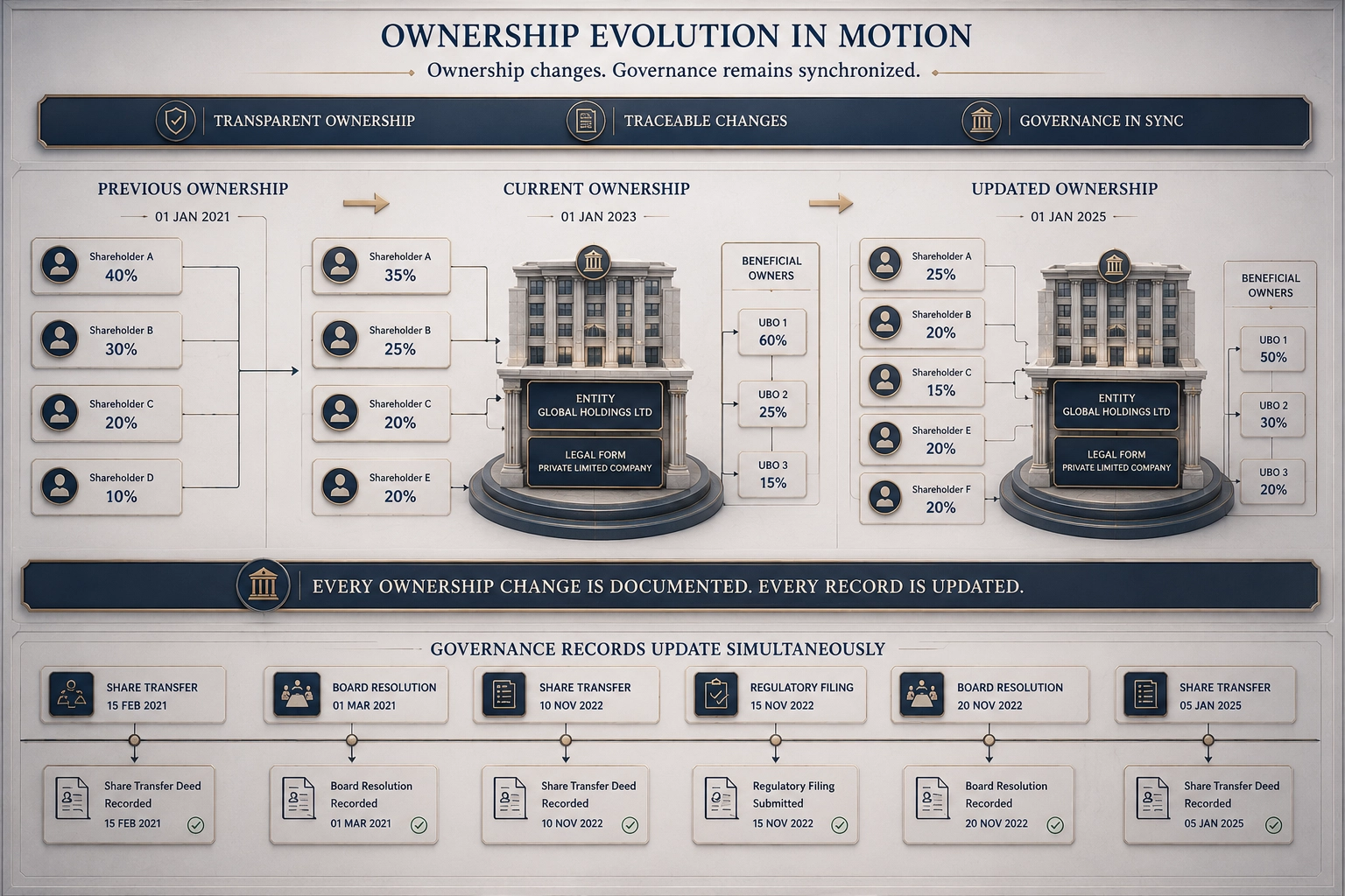 Ownership evolution in motion